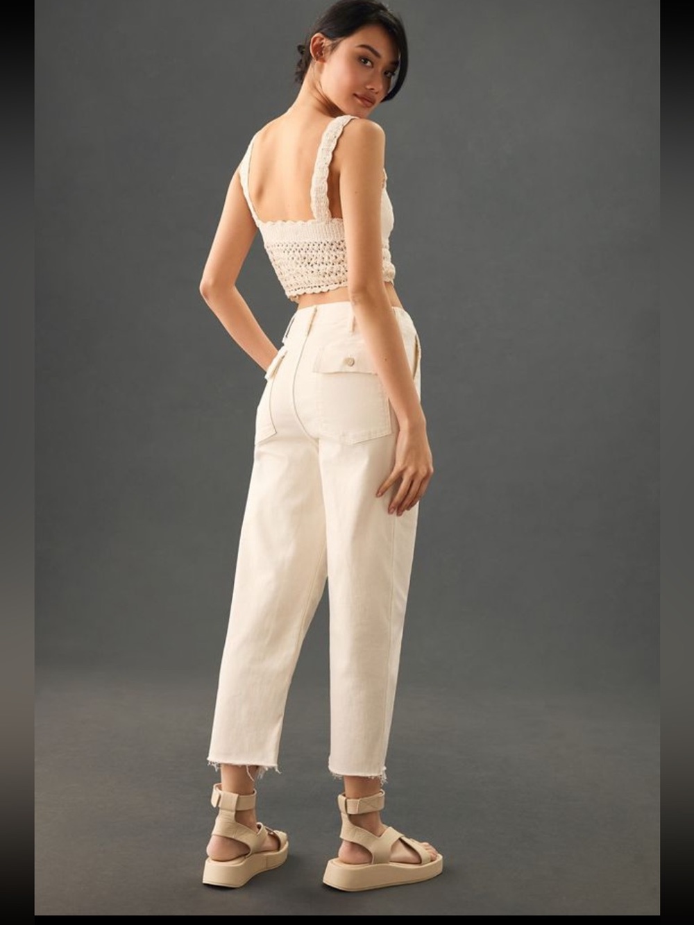 MOTHER The Patch Pocket Private Ankle Fray Jeans Cream Puffs Utility